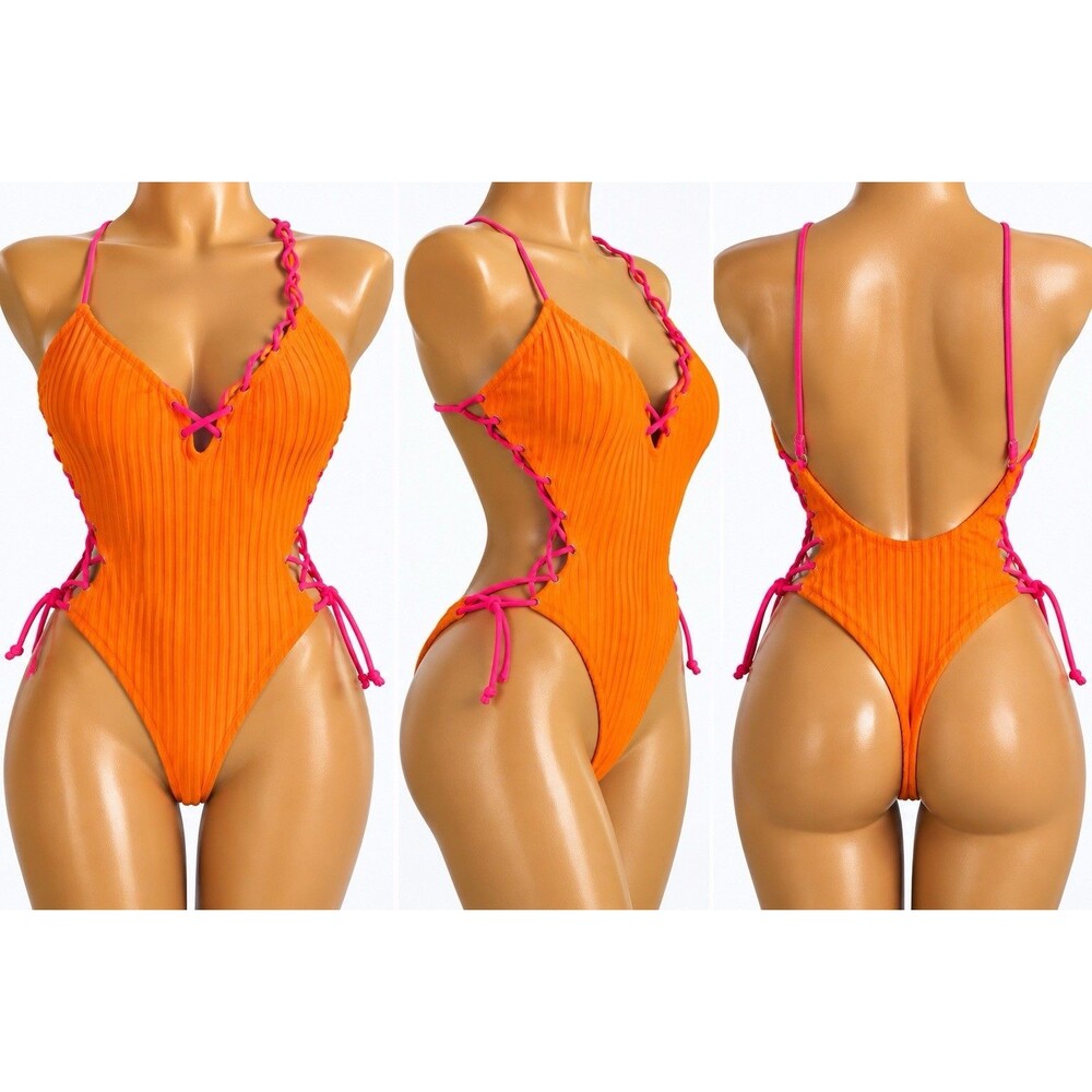 Women's Orange Plunge One-Piece Swimsuit Size S Seashell Charm Crinkle Ribbed